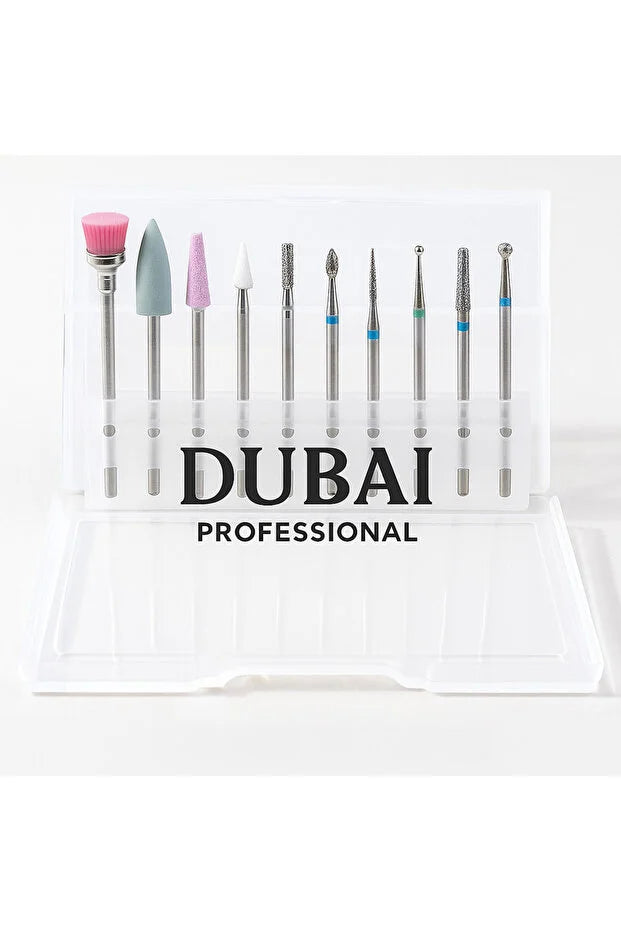 Dubai professional 10'lu Elmas Freze Ucu Törpü Makinesi Manikür Uçları Set Plastik Kutulu